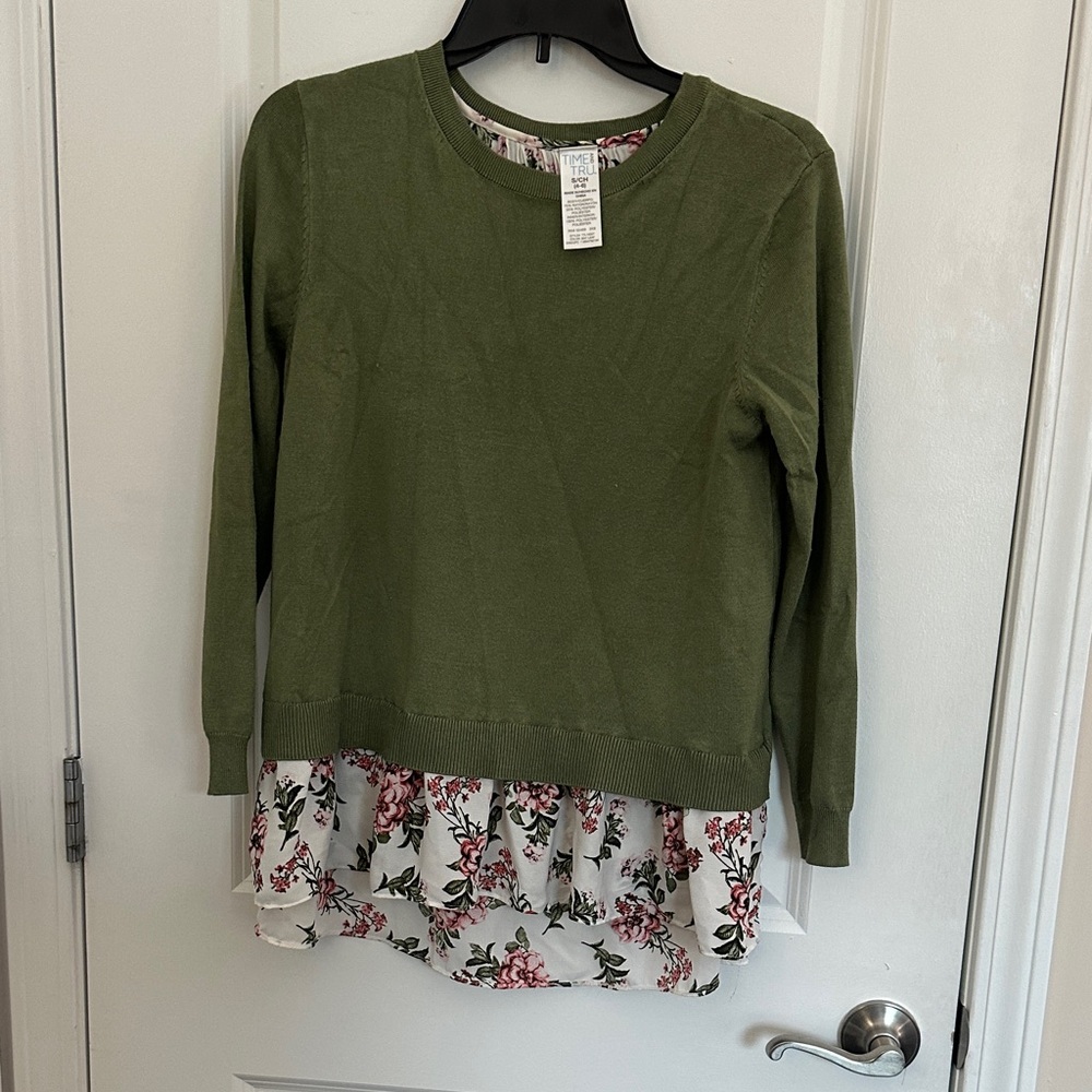 Time and Tru Olive Green Top with Floral Detail